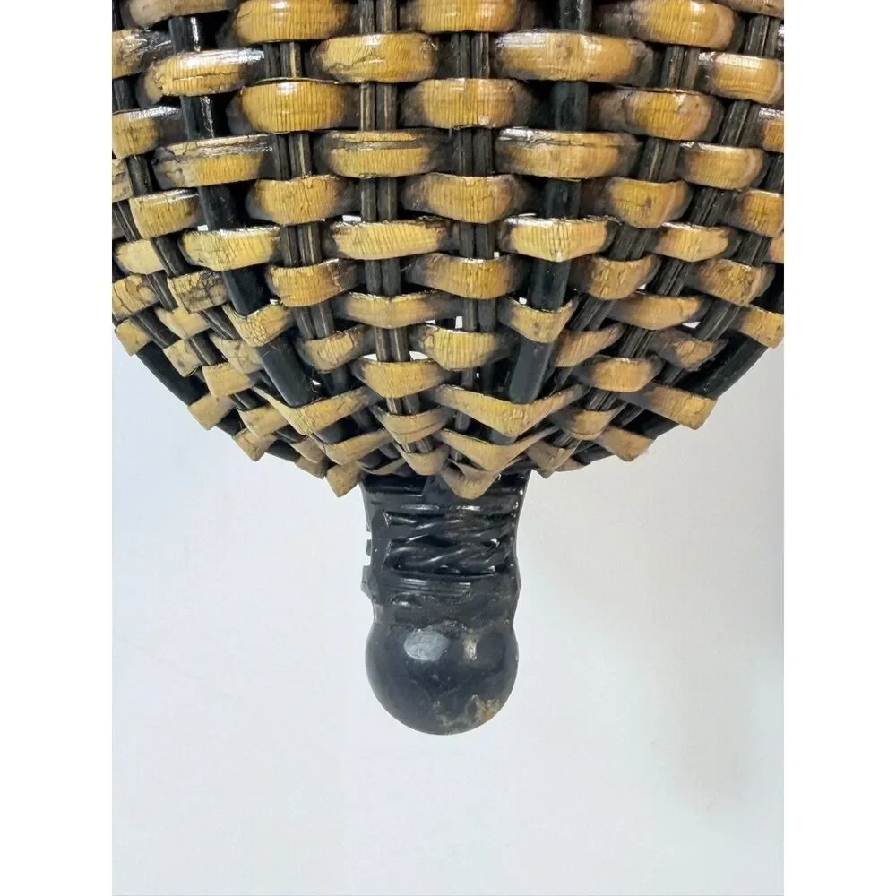 VTG Rattan Metal Bell Shaped Hanging Planter Woven Brown Embellished Decor